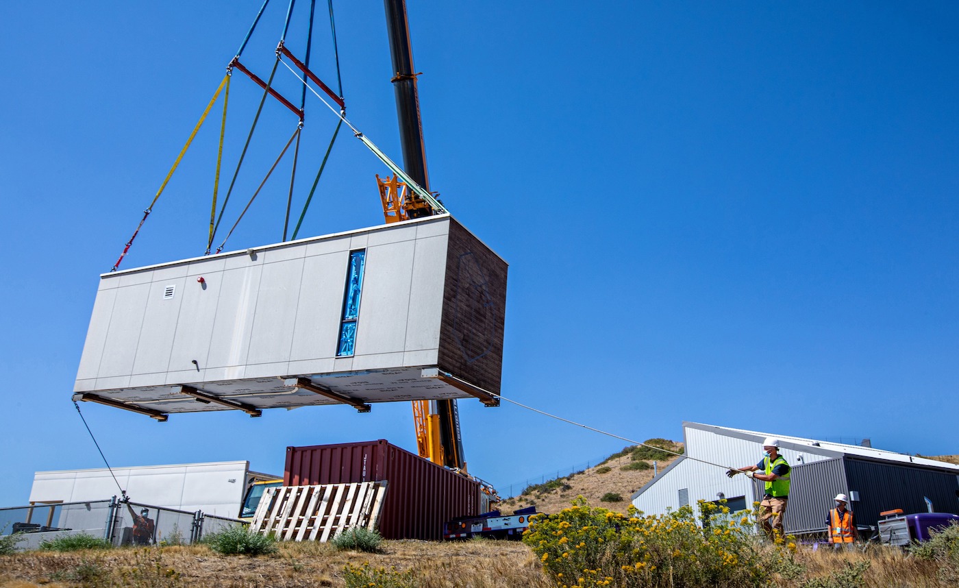 A modular unit built by Blokable is positioned into place. The industrialized construction startup is part of the Wells Fargo Innovation Incubator