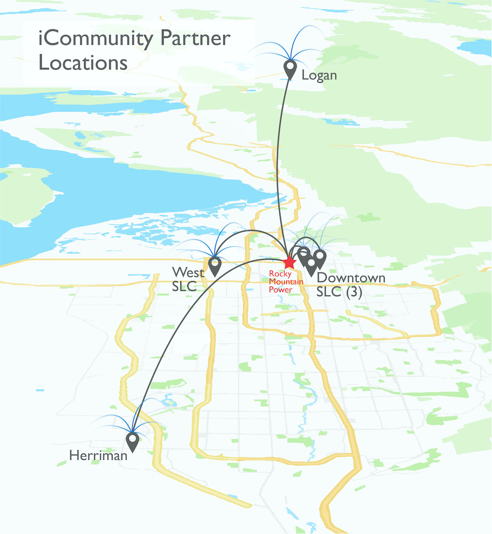 Map of Connected Communities in Utah using all-electric buildings to optimize and stabilize the grid, use more renewables, and lower costs.