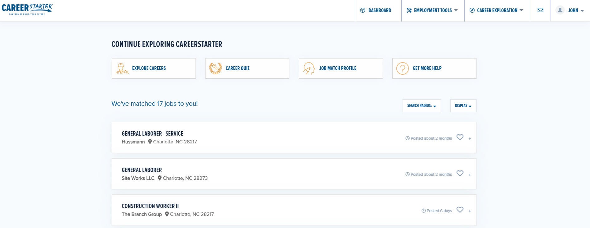 NCCER's CareerStarter job seeker dashboard for construction workers.