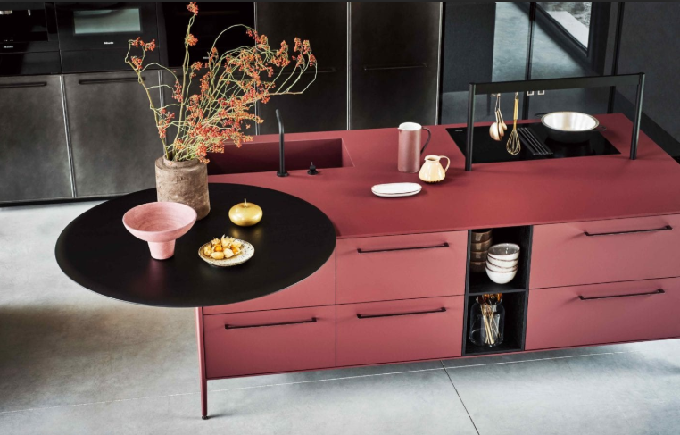 Cesar NYC Unit Kitchen Red Fenix Island Table