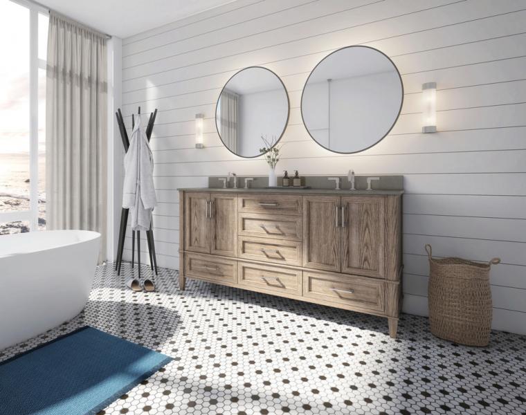 BEMMA Luxury Vanity Collection Montauk Model wood in white bathroom- nstallation with tub