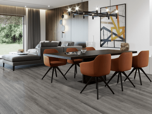 Gray flooring with mid-century style decor