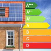 House with solar panels on roof and A through D energy rating scale alongside it