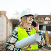 A woman construction worker holding a roll of house plans on a jobsite