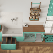 A room designed for pets with a dog-washing stations and more