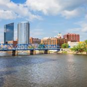 View of the Blue Bridge with Grand Rapids, Mich., skyline behind it