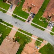 Aerial view of a residential street in a suburban neighborhood