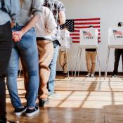 Voters line up to use voting booth