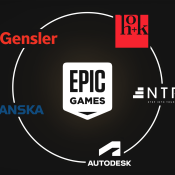 Epic Games company logo surrounded by Autodesk logo, AEC firm logos, and NTRY logo.