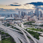 Houston city skyline with freeways in the foreground