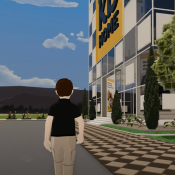 Avatar man walking toward the welcome center in KB Home's virtual new-home community in the metaverse