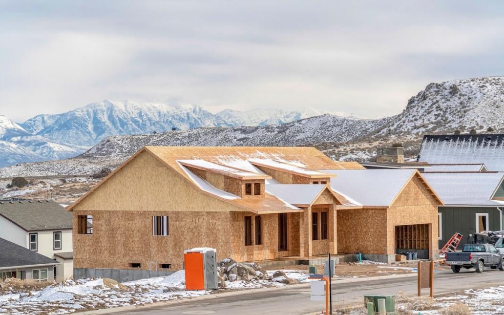 A single-family home under construction in Utah mountains