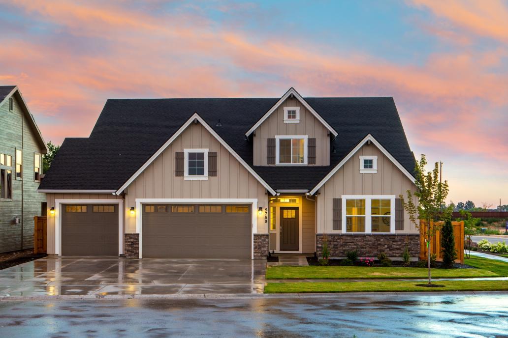 Home exterior during sunset street view