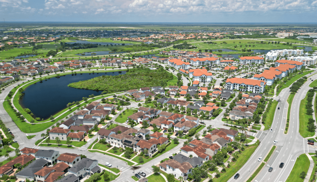 Aerial view on a sunny day of a master planned community in Florida