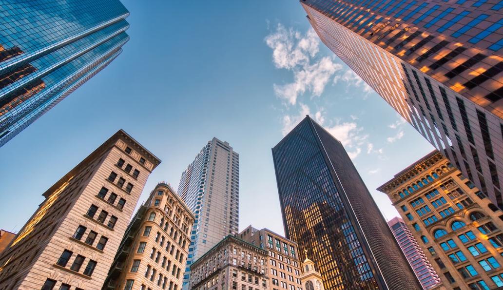 View of city high rise buildings from below