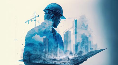 Construction engineer holding plan in double exposure above blue city and construction site for ai resource guide article. Generative AI