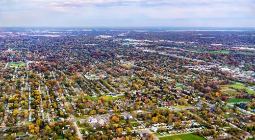 Aerial view of Detroit metro where housing prices have doubled