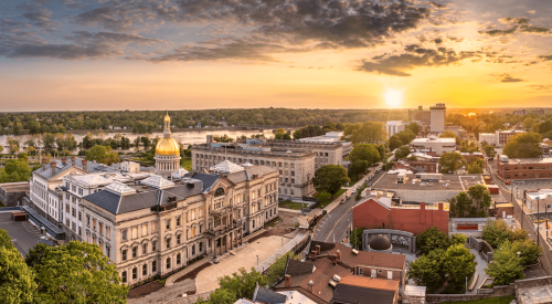 Aerial view of Trenton, NJ, skyline with state capitol.