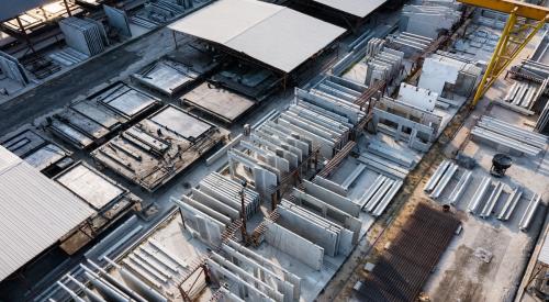 Aerial view of prefabricated walls in a factory