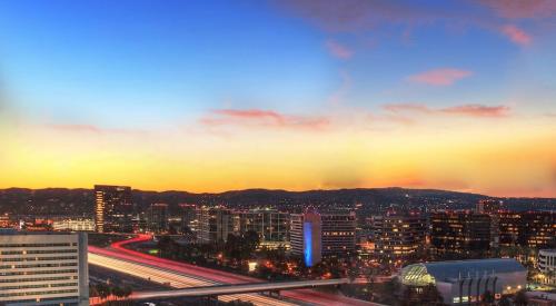 Irvine, Calif. skyline at sunset