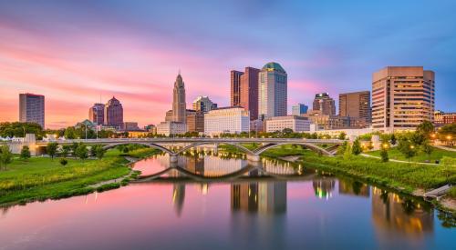 A view of Columbus, Ohio, during sunset