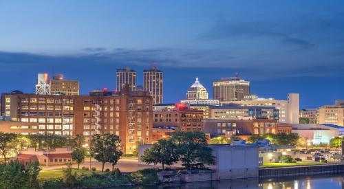 Skyline view of Peoria, Ill. at night