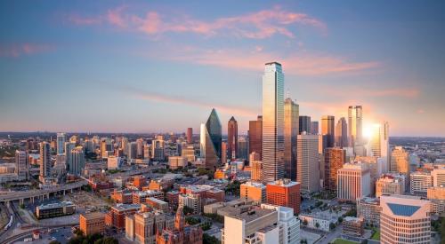 Skyline view of Dallas during sunset