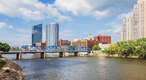 View of the Blue Bridge with Grand Rapids, Mich., skyline behind it