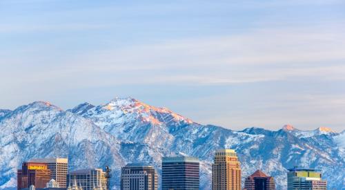 Skyline view of Salt Lake City at dusk