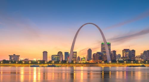 View of St. Louis skyline during sunset 