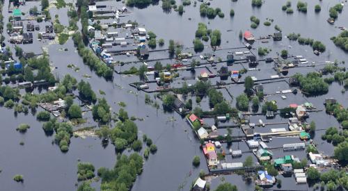 Aerial view of flooded homes