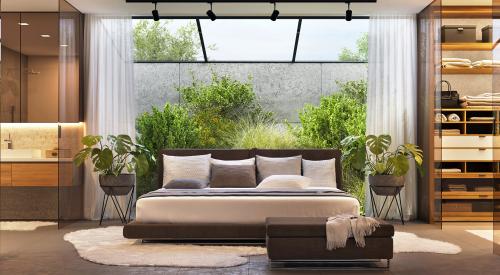 Modern bedroom interior with plants