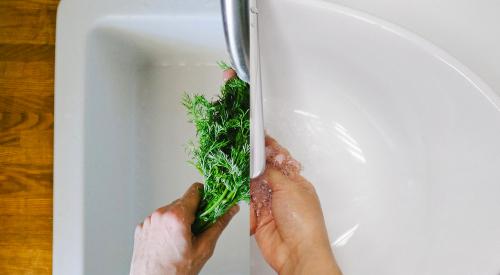 Split photo of man washing herbs in kitchen and woman washing hands in bathroom