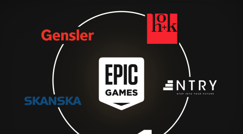 Epic Games company logo surrounded by Autodesk logo, AEC firm logos, and NTRY logo.