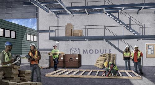 Factory modular construction workers render drawing