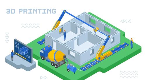 3D printed home graphic showing construction