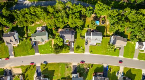 Aerial view of suburban neighborhood