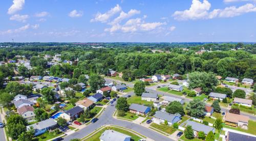 Aerial view of suburban neighborhood