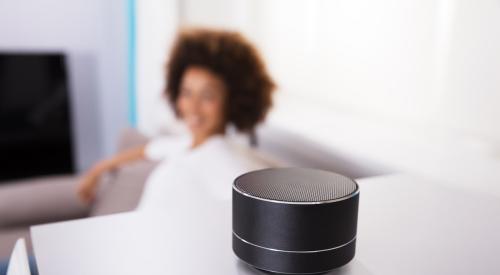 A woman is sitting on the couch, looking at her smart speaker.