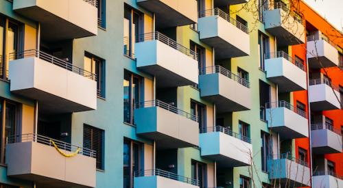 Colorful apartment buildings with balconies