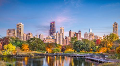 Skyline view of Chicago from North Pond