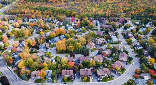 Aerial view of suburban neighborhood