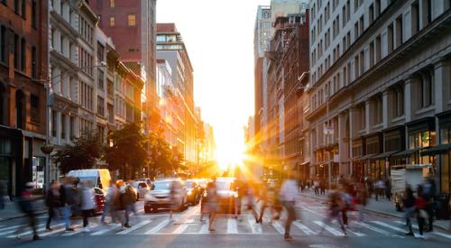 Busy New York City street filled with pedestrians 