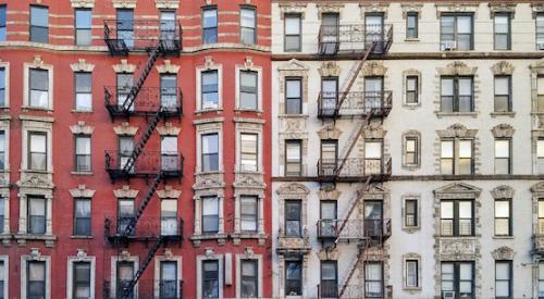 Closeup of historic New York City apartment buildings