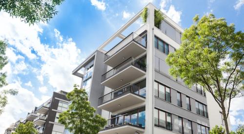 Modern high rise apartment with balconies