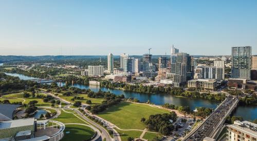 Aerial view of downtown Austin, TX, where housing inventory has seen an uptick