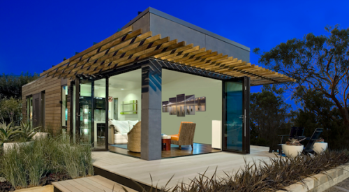 Front facade of the Mini Lotus tiny house by Blu Homes, in Vallejo, Calif.