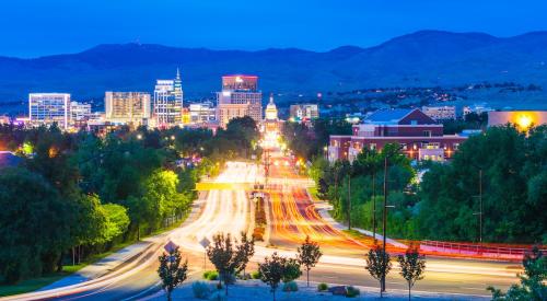 Boise downtown lit up in the evening