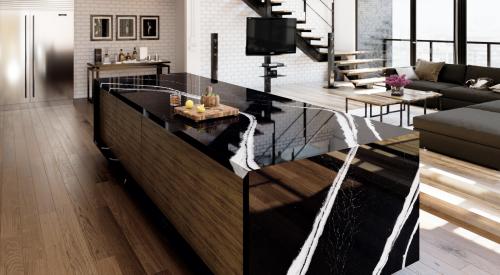 Cambria Mersey black quartz surfacing with white veining installed on kitchen island in modern home