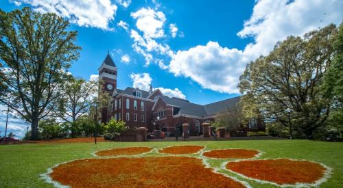 Clemson University logo on campus lawn in South Carolina